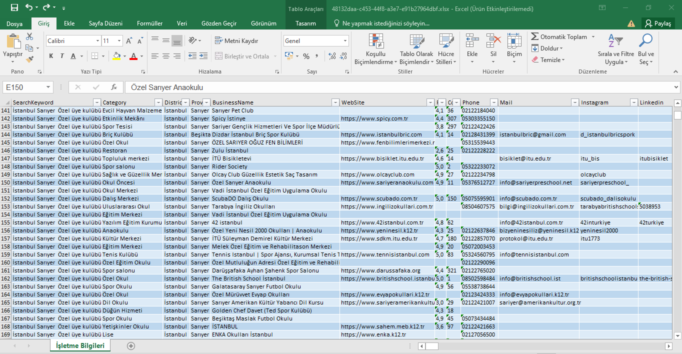 Google Haritalar'dan Toplanan Firma Bilgileri